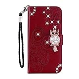 Draamvol Samsung S20 FE 2022 Hülle S20 FE Hülle Eulenmuster Ledertasche Strass Bling Glitzer Schutzhülle Kartenhalter Magnet FlipCase Handyhülle mit Samsung Galaxy S20 FE 2022/S20 FE,Wein Rot