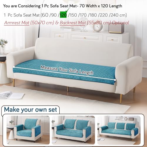 Image of HOKIPO Premium Velvety Quilted Anti-Slip Sofa Cover Mats for L-Shape & 1 /2 /3 Seater Sofa | Make Your Own Sofa Cover Set, 'Softline Quilted Series' 70(W) x 120(L) cm | Teal Blue (AR-6315-BL)