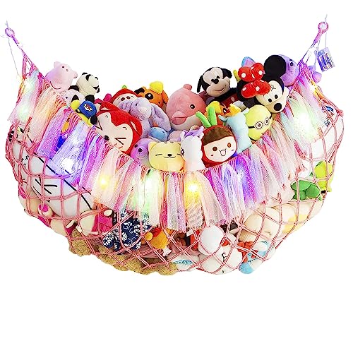 Großes Makramee-Plüschtier-Netz oder Hängematte Großes Plüschtiernetz oder Hängematte mit LED-Licht. Teddybär-Aufbewahrung. Wandhängendes Spielzeugnetz für Plüschtiere