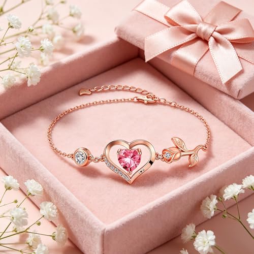 Image of 1CT Rose Heart Bracelet Moissanite Lab-Grown Sapphire Ruby Emerald&More 18K White Rose Gold Plated Anniversary Birthday Gift for Wife Girlfriend Mom Daughter Mothers Day Gift for Mom