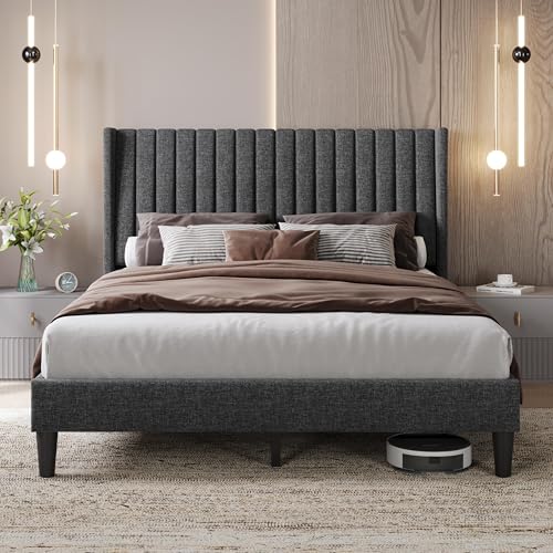 Image of Yaheetech Queen Bed Frame with Headboard, Dark Gray Channel-Tufted Platform