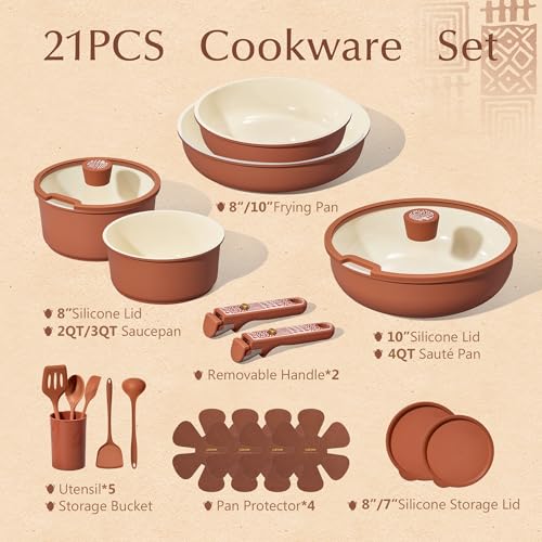 Image of CAROTE 21-Piece Ceramic Cookware Set, Nonstick Pots and Pans Set with Detachable Handle, Non-Toxic Kitchen Cooking Set, Induction Compatible, Dishwasher & Oven Safe, Terracotta
