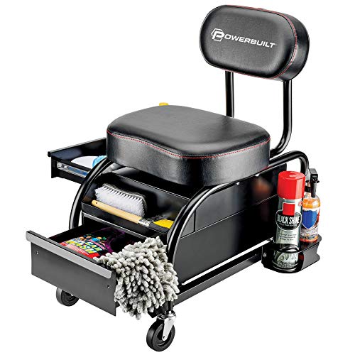 Image of Powerbuilt Professional Car Detailers Mechanics Roller Seat, Heavy Duty Garage Stool with Thick Padded Seat and Backrest, 2 Sliding Storage Drawers, Tool Tray, Can Holders, 3in. Swivel Casters-240299