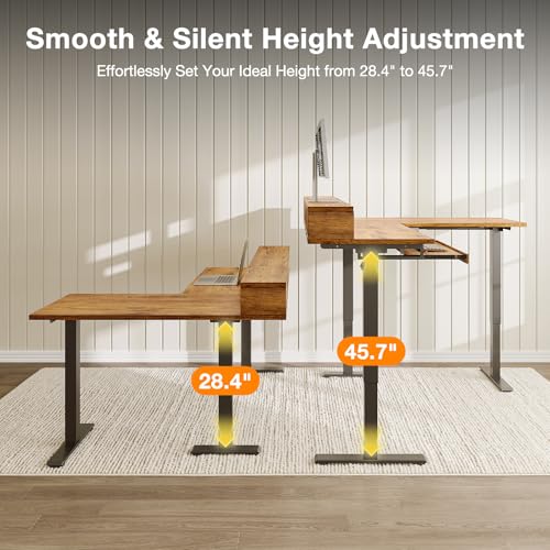 Image of Casaottima 59 Inch Electric L-Shaped Standing Desk with Drawers, Height Adjustable Stand Up Corner Desk with Monitor Stand & Keyboard Tray, Lift Table for Home Office, Workstation, Rustic Brown