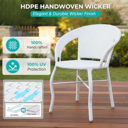 Image of DEVOKO 3 Pieces Patio Furniture Set, Wicker Outdoor Chairs and Coffee Table for Balcony, HDPE Rattan Bistro Table Set for Lawn, Garden, Backyard (White)