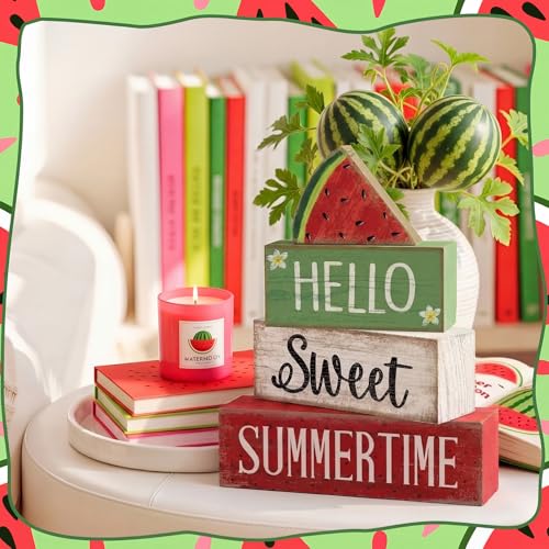 Image of Moucuny 4 Pcs Summer Wooden Table Decor Watermelon Tiered Tray Decor Farmhouse Table Decoration Hello Sweet Watermelon Book Block Summer Decoration for Home Office Kitchen Mantel Shelf