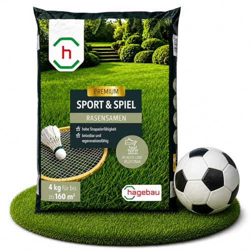 HAGEBAU Sport und Spielrasen 4 kg – Rasensamen schnellkeimend für bis zu 160 m² – Grassamen schnellkeimend zur Reparatur kahler Stellen – dichter & strapazierfähiger Rasen – Rasennachsaat