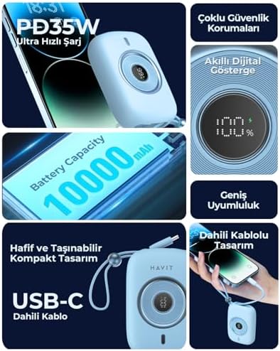 Resim Havit PB5214 PD35W Type-C Kablo 10.000 mAh Powerbank (Pembe) 