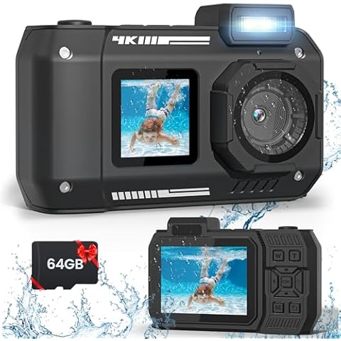33FT Underwater Camera with 64G Card, 4K 48MP Waterproof Camera Rugged Dustproof Shockproof for Snorkeling, Autofocus Selfie Digital Camera for Diving, Dual-Screen Underwater Photograph Camera (Black) Cover