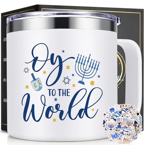 Lifecapido Hanukkah Gifts, Oy To The World 14oz Insulated Coffee Mug with Stickers, Jewish Gifts for...