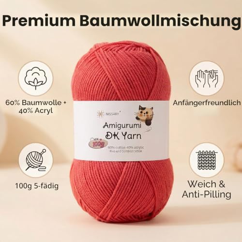 Nissary Häkelgarn 5x100g, Wolle Zum Häkeln & Stricken, 60% Baumwolle + 40% Acryl, Häkelwolle DK für Anfänger mit 2,5mm Häkelnadel und Zubehör, perfekt für Amigurumi und Handwerk – Bild 4