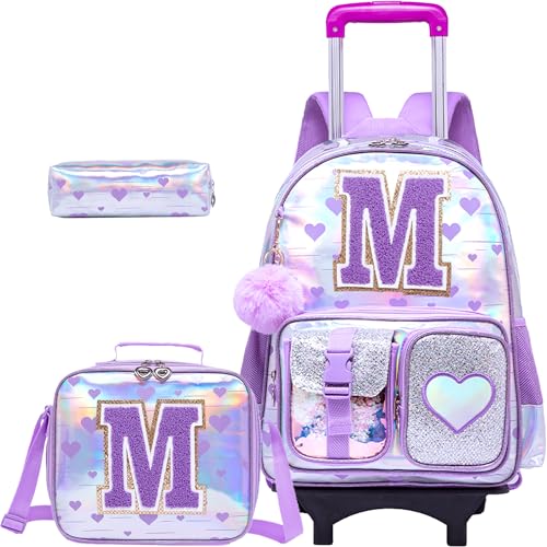 Meetbelify Mochila com rodinhas com vários bolsos para meninas com rodas para estudantes do ensino fundamental, Roxo M