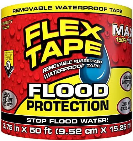 Flex Tape Flood Protection, 3.75 in x 50 ft, MAX, Waterproof Rubberized Tape, Removable, Use on Windows, Doors, Garage Doors, Casings, Thresholds, Conduits, Vents, Ducts