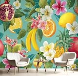 Carta da Parati Panoramica Melograno Limone 450x315cm Murale in Seta Pianta Monstera Poster Murale Giganti Decorazione da Muro per Soggiorno Corridoio Ufficio, Zaffiro