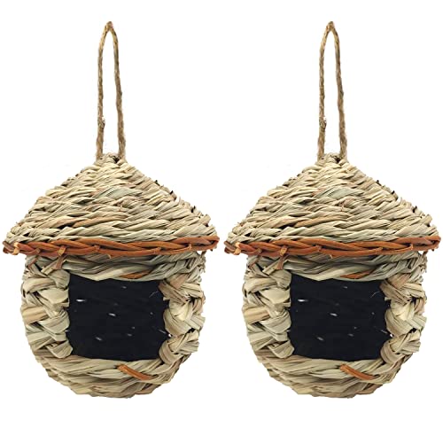 Gute Hummingbird House, Grass Hand Woven Birdhouses for Outdoors Hanging, Natural Bird Hut for Outside, Bird Houses for Audubon Finch Canary Chickadee - Set of 2