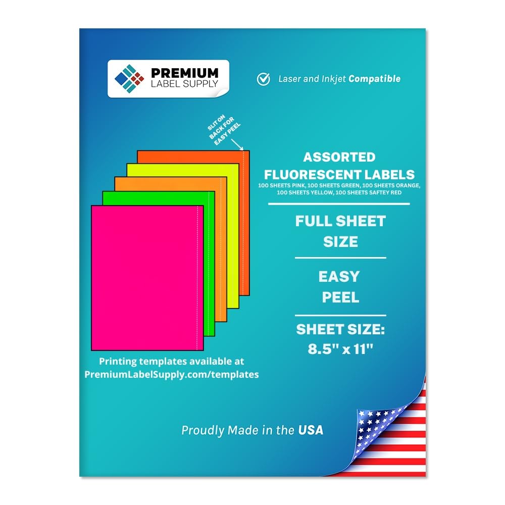 Premium Label Supply Bright Neon Color Fluorescent Sticker Labels - 8.5" x 11" Full Sheet Labels - (Assorted Fluorescent, 500 Sheets)