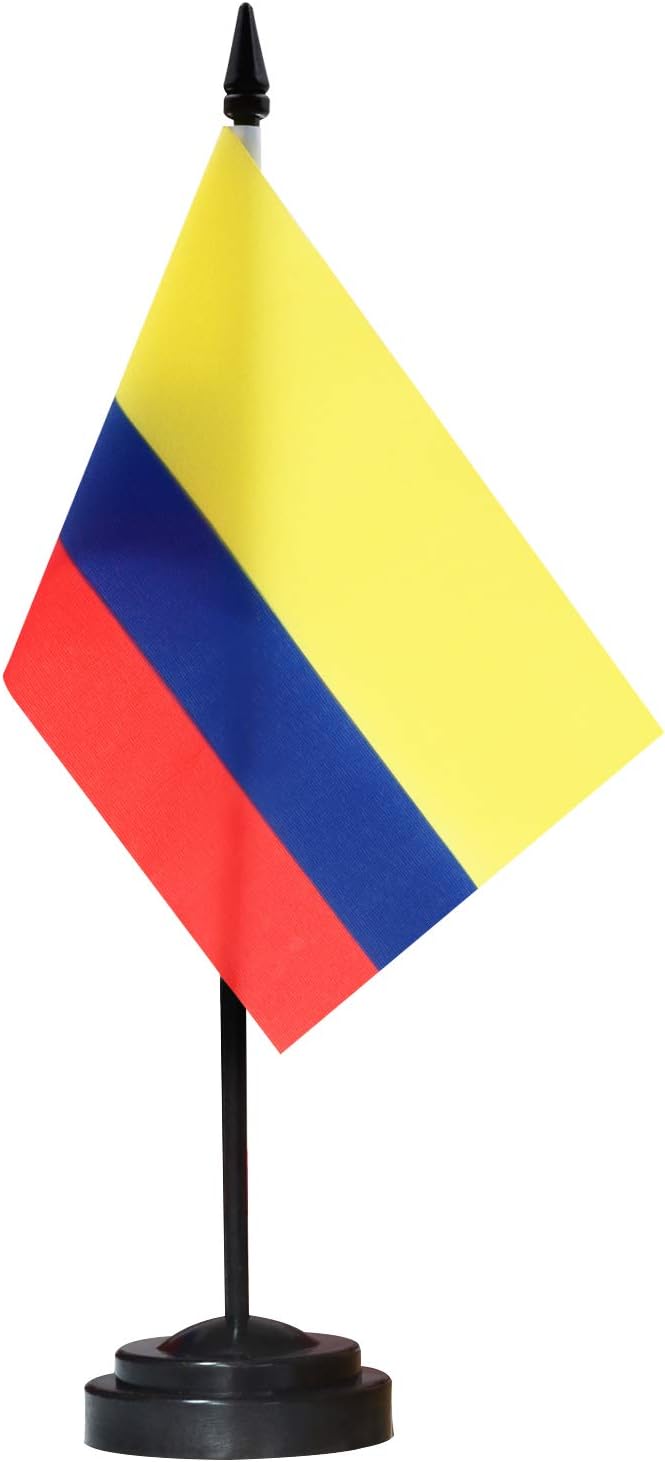 ANLEY Colombia Deluxe Desk Flag Set - 6 x 4 Inch Miniature Colombian Desktop Flag with 12" Solid Pole - Vivid Color and Fade Resistant - Black Base and Spear Top
