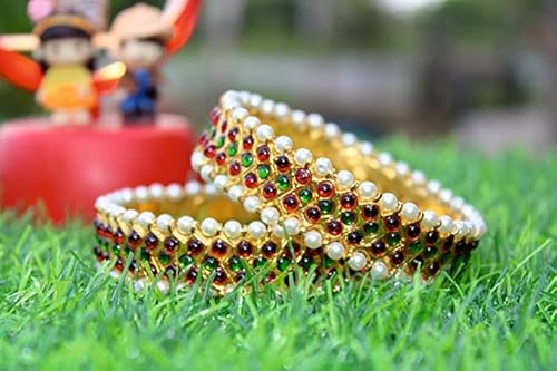 Dreams@Traditional Indian Bangles For Dances And Wedding Simple Elegant Red And Green Kemp Stone With Pearls Bangles (Red And Green, 2.6) #TOP2