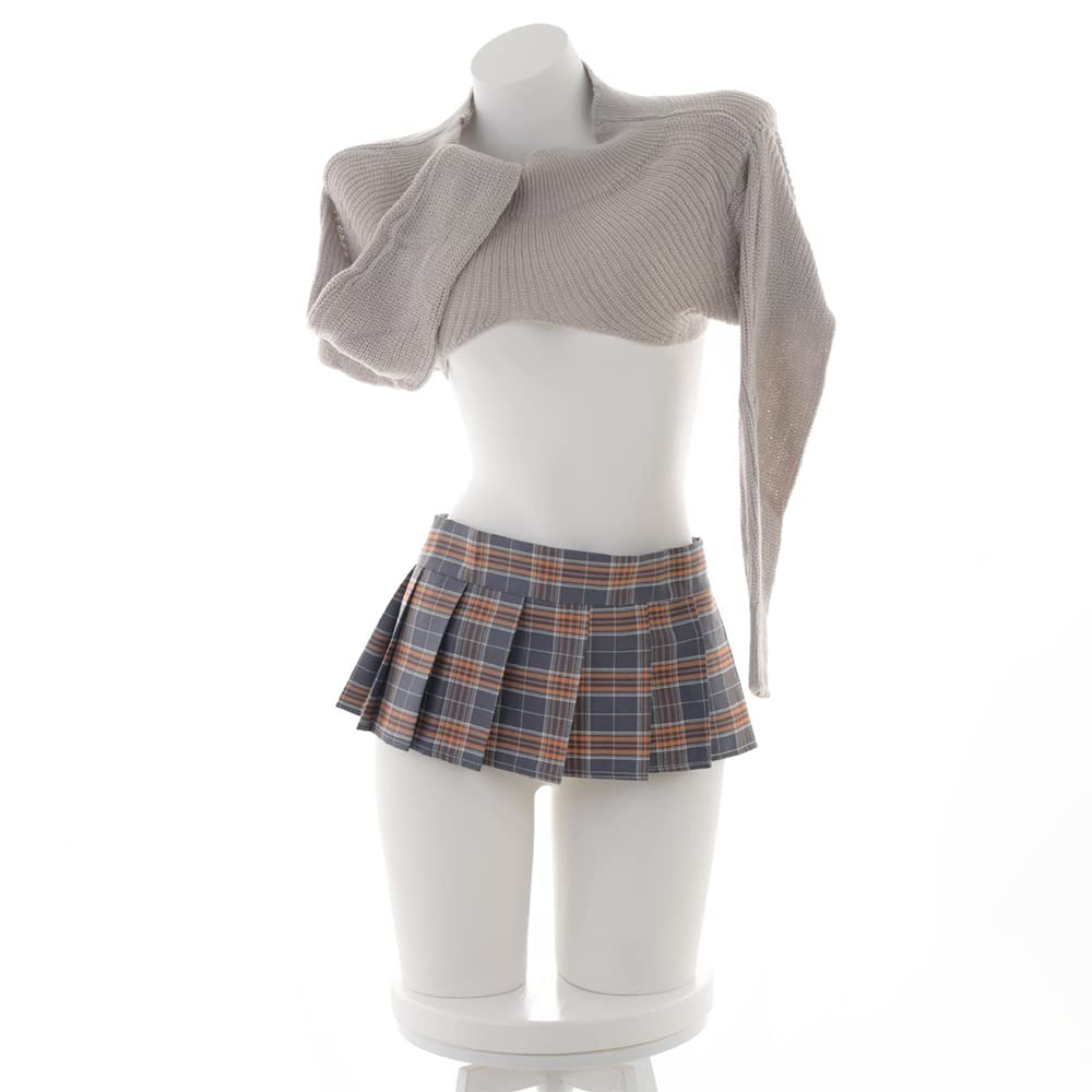 QNCLO Japanese female student JK uniform sexy Kawaii cosplay student perspective bra wrap mini shirt and pleated skirt: Grey