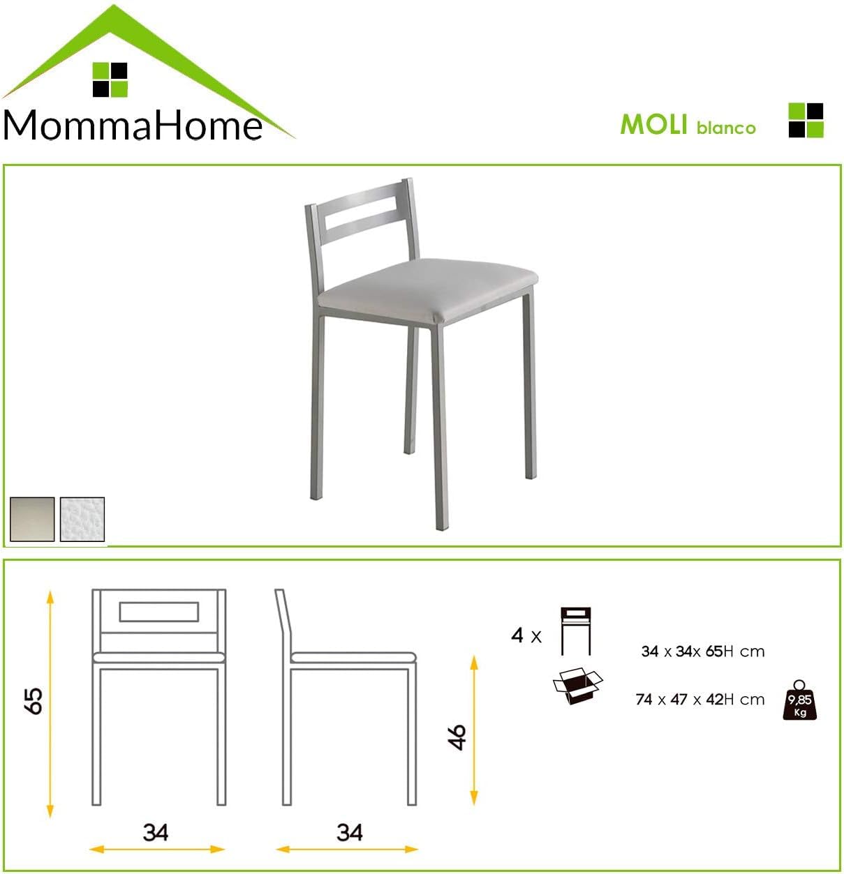 MOMMA HOME Taburetes de Cocina - Pack 2 Taburetes de Cocina, Banquetas, Taburete Bar, Material Metal/Ecopiel, MOLI, Medidas 34x34x65cm (Blanco y Plata)