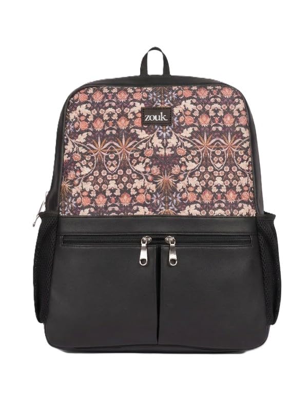 ZOUK Women's Office Backpack | Vegan Leather & Handicraft Fabric | PeTA Approved | 15.6 Inch Laptop Compartment | Dual Zipper Pockets | Water Resistant | Trolley Passthrough | 17.5L