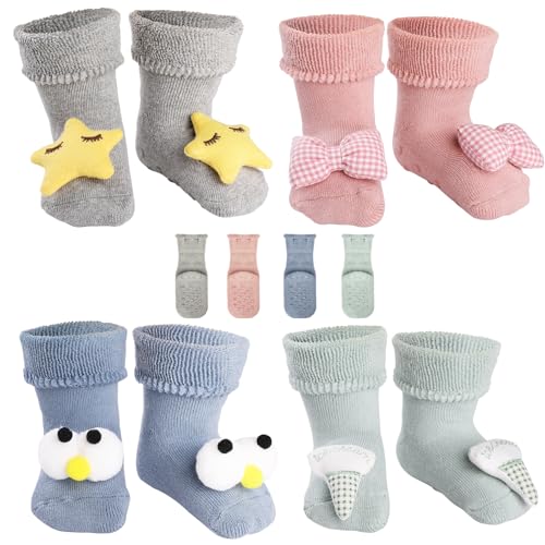 Simpeak 4 Paar Socken Baby, 3D-Cartoon-Muster ABS Socken Baby Anti Rutsch,...