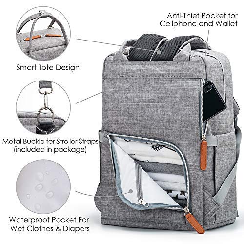 Diaper Bag Backpack Upsimples Multi-Function Maternity Nappy Bags for Mom&Dad, Baby Bag with Laptop Pocket,USB Charging Port,Stroller Straps,Light Grey