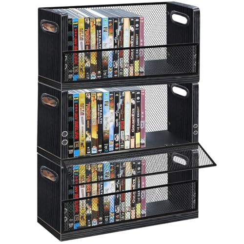 Image of PUTNATRURE DVD CD Storage Rack 3 Pack, Holds 84 DVDs Total, Stackable DVD Tower with Magnetic Opening Door for Easy Access, Black Desktop Organizer for Blu ray, Video Game Cases, VHS Tapes