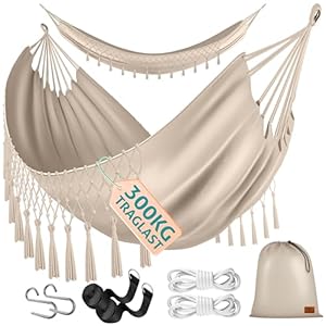 KESSER® Hängematte 320x150 cm belastbar bis 300 kg, wetterfeste & atmungsaktive Tuchhängematte mit Fransen für 1-2 Personen – Ideal für Camping, Garten & Outdoor, inkl. Beutel, Seile & Gurte, Beige