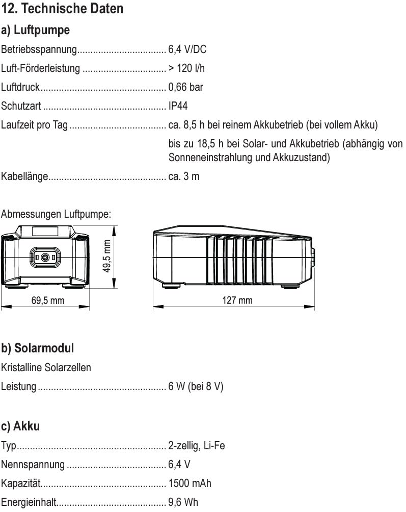 esotec Solar Teichbelüfter Set 6/130, LiFePO4 Akku-Speicher, Teichbelüftung, Sauerstoffpumpe 120 l/h, Luftpumpe, Solarpanel 6W, Erdspieß 101848