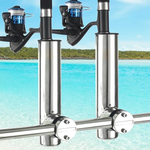 Mojiate 2-Pack Stainless Steel Fishing Rod Holders | 32-Angle Adjustable Clamp-On Rail Mount | Fits 7/8"-1" Rails for Boat, Yacht, RV & Truck | Marine-Grade Anti-Corrosion with Rubber Protector