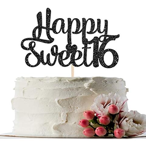 INNORU Glitter Happy Sweet 16 Cake Topper - 16th Birthday Wedding Anniversary - Cheers to 16 Years Sweet Party Cake Decorations Supplies (Black) Cover