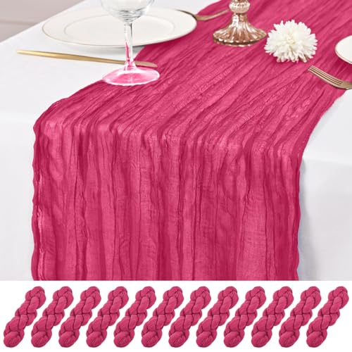 12 Pack Hot Pink Table Runner 10Ft Cheesecloth Table Runner Rustic Gauze Table Runners Romantic Long Sheer Fabric Cheese Cloth Table Runners for Wedding Party Bridal Baby Shower