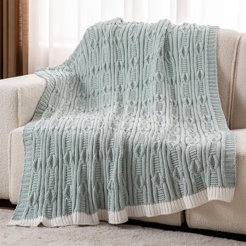 Powdion CKB04BU-THROW Knitted Throw Blanket, Blue And White Chenille Throw Blanket For Couch Sofa Chair, Soft Cozy Aesthetic Boho Farmhouse Cable Knit Throw Blanket With Chevron Texture thumb #5