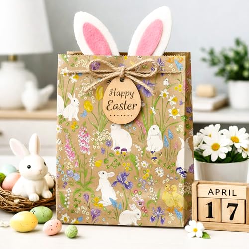 Wikadlik Kraft-Osterhasen-Geschenkpapier - 43 cm x 10 m - Hase in einem Frühlingsblumenfeld Geschenkpapier für Feiertage, Dekorationen und Kinder