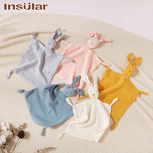 Image of insular Bunny Lovey Blanket for Boys and Girls, Organic Cotton Muslin Security Blanket for Babies, Soft Breathable Lovie Soothing Towel for Newborn and Infant, 2 Pcs Set (Blue&Grey)