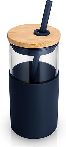Miniatura 6 de tronco Vaso de vidrio de 24 onzas con popote y tapa, taza de vidrio con tapa y pajita, taza de batido, taza de café helado, tapa de bambú y funda
