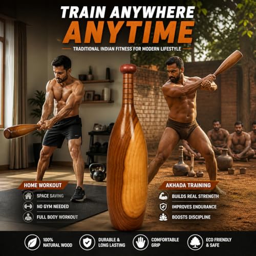 Image of Zain Sports Wooden Mugdar Indian Club 2Kg - Traditional Strength Training Equipment | Clubbell for Shoulder Mobility, Gada Exercise, Functional Workout Tool for Home Gym, Akhada & Wrestling Training