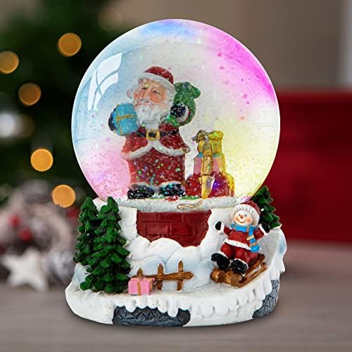 Celebright Christmas Musical Snow Globe - Plays 8 Songs Including Jingle Bells & Lights Up with Changing LED Colours - Large 14cm (Santa & Child Sledging)