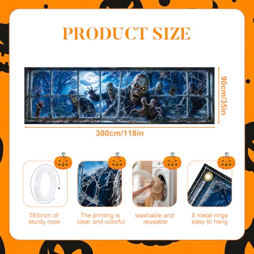 Image of Halloween Banner 118x35.4 Inch Scary Zombie Window Decoration Backdrop, Creepy Haunted House Party Decoration Outdoor Yard Sign for Festival Celebration, Fence Wall Porch Indoor Outdoor