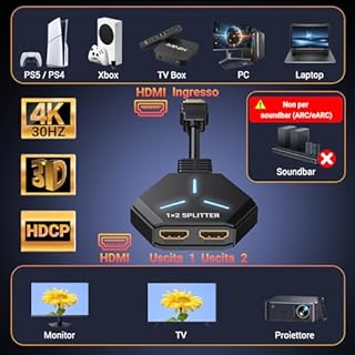 KiWiBiRD splitter HDMI 1 in 2 out, Sdoppiatore HDMI 1 ingresso 2 uscite duplicatore per doppio monitor due schermi estensione 4K 2160p 1440p 1080p HDCP, compatibile con PC Sky Q PS5 PS4 TV box