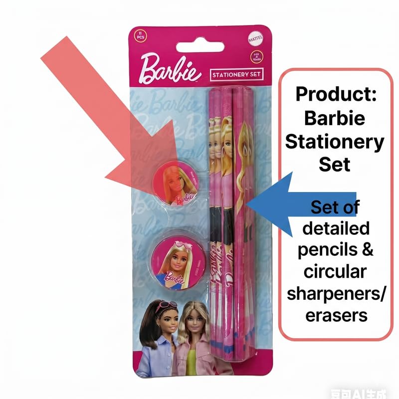 Image of Barbie 11 pcs Stationery Set Pencils, Eraser, Sharpener | Study Kit for Boys & Girls | School Gift Set | Return Gift