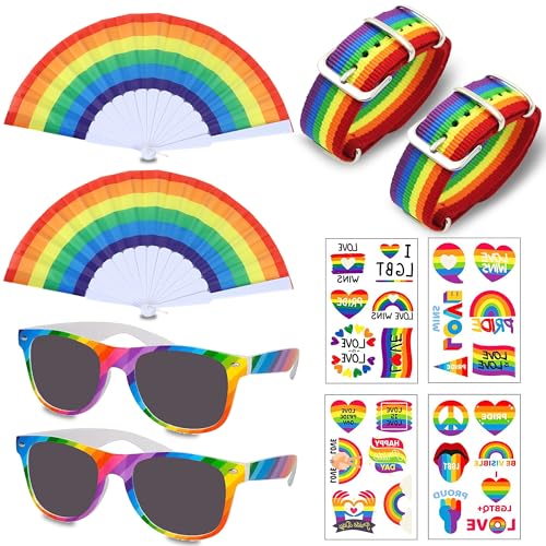 Echehi Gay Pride Accessories With Festival Sunglasses Pride Wristbands Rainbow Fans Rainbow Pride Stickers Tatoos LGBTQ Accessories For Parades Party
