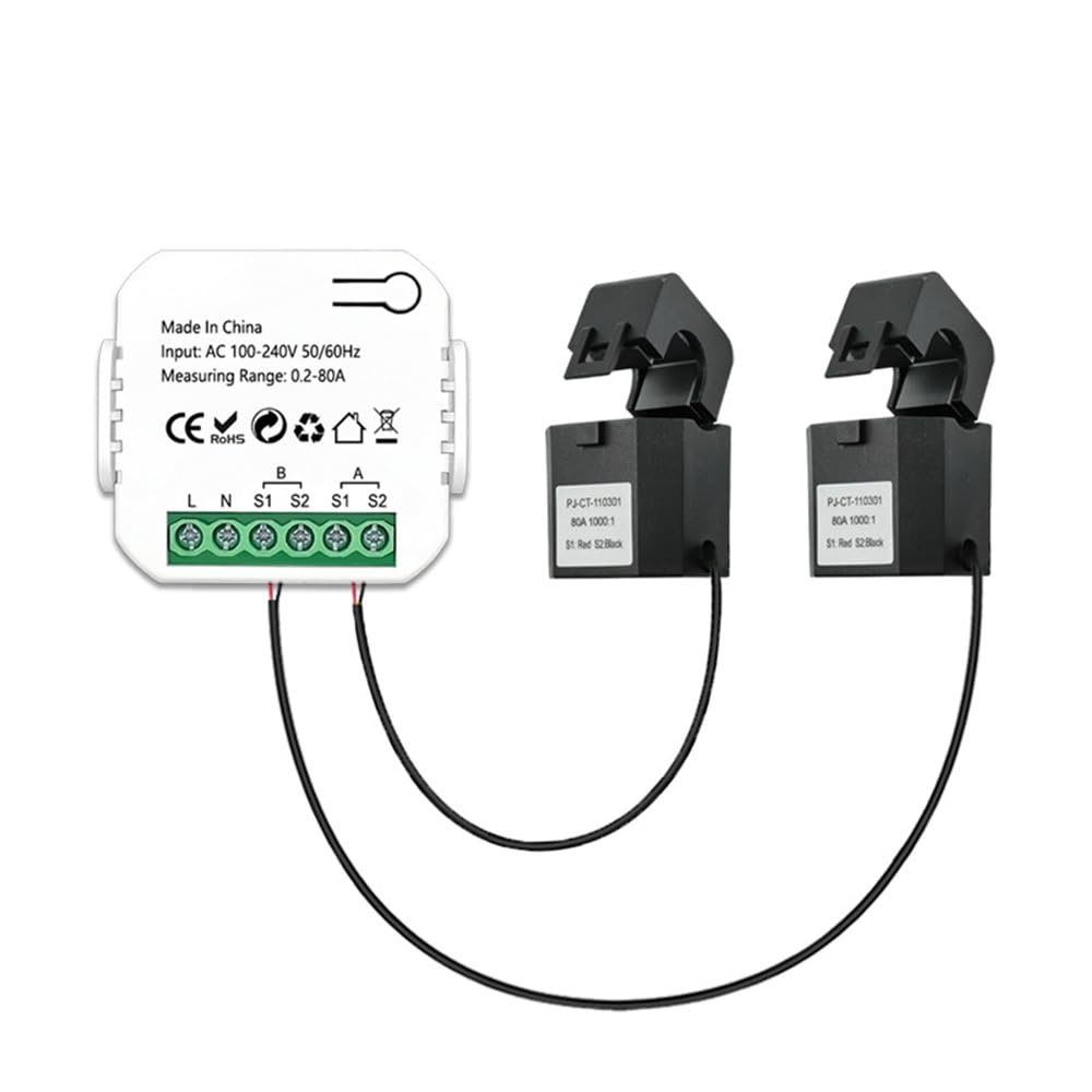 DollaTek Medidor de energía inteligente WIFI 80A con monitor de energía para el hogar inteligente CT de 2 abrazaderas (blanco)