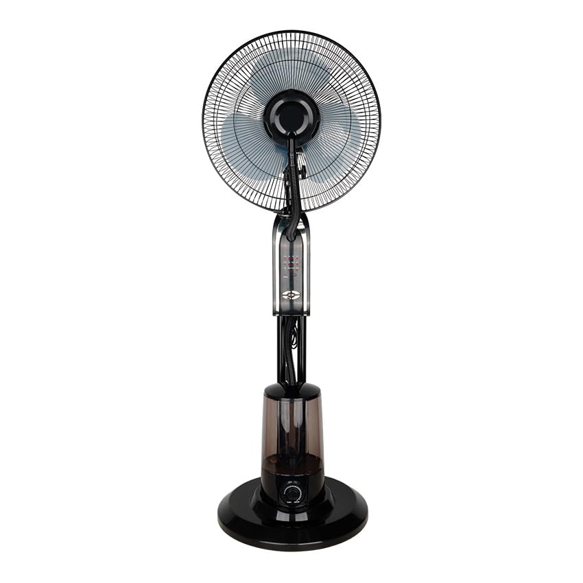VoltShine Ventilador de pie negro con nebulizador, 3 velocidades, 80W, tanque de agua de 3L, control remoto y temporizador, medidas 120x45x40 cm. Ideal para refrescar y humidificar espacios.