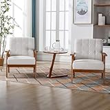 Kayflora Linen Accent Chair Set of 2 with Side Table, Mid-Century Modern Living Room Chairs with Solid Wood Armrests, Comfortable Cushioned Reading Chairs for Living Room, Bedroom (Beige)