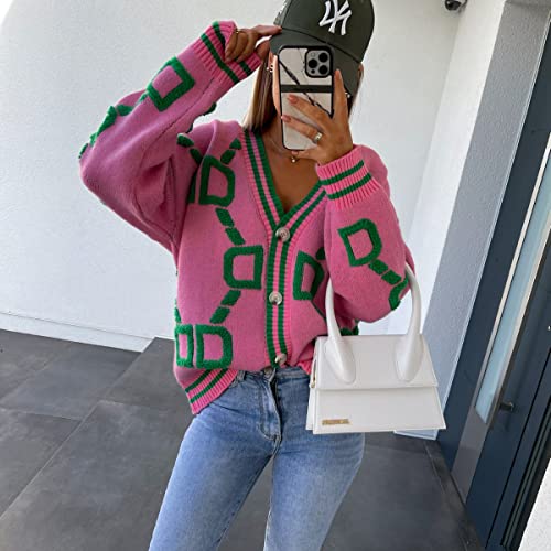 Womens Contrast Color Button Down Cardigan Sweaters V-Neck Long Sleeve Loose Knit Chunky Cardigan3