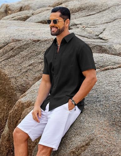 Image of COOFANDY Men's Button Down Short Sleeve Shirt Casual Cotton Summer Beach Wedding Linen Shirts with Pocket