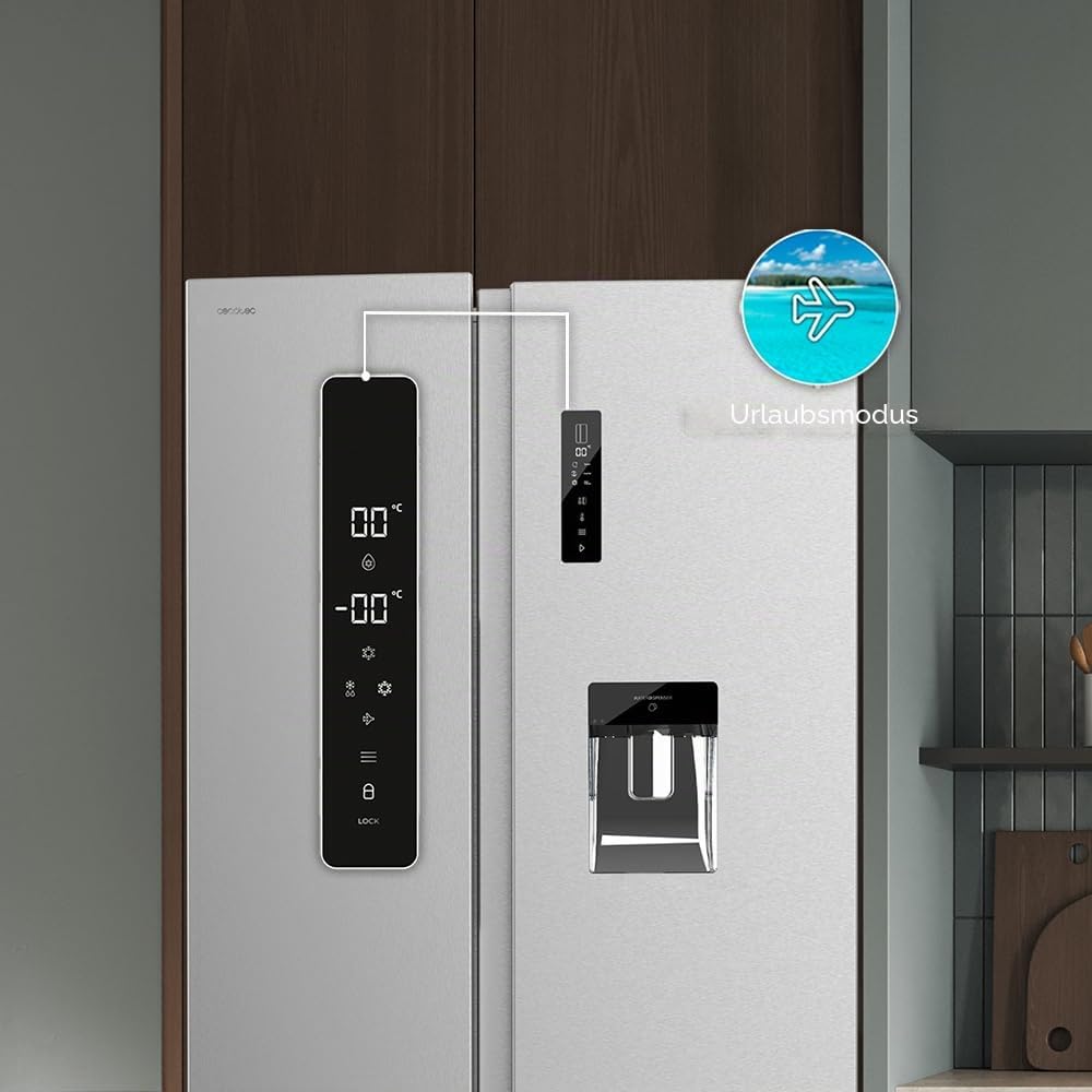Cecotec Side-by-Side Kühlschrank Bolero CoolMarket SBS 559 Inox E. 559 Liter, Inverter-Kompressor, Total NoFrost, Multi Air Flow, Wasserspender und Display für die sichere Lagerung von Lebensmitteln