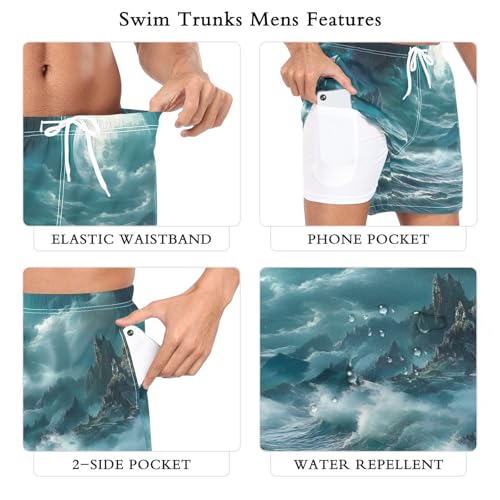 Sea Moutains Landscape Mens Swim Trunks with Liner, Cool Quick Dry Beach Swim Shorts, Swimwear Bathing Suits S3